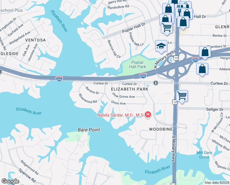map of restaurants, bars, coffee shops, grocery stores, and more near 5344 Orion Avenue in Norfolk