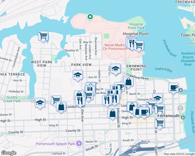 map of restaurants, bars, coffee shops, grocery stores, and more near 1038 Blair Street in Portsmouth