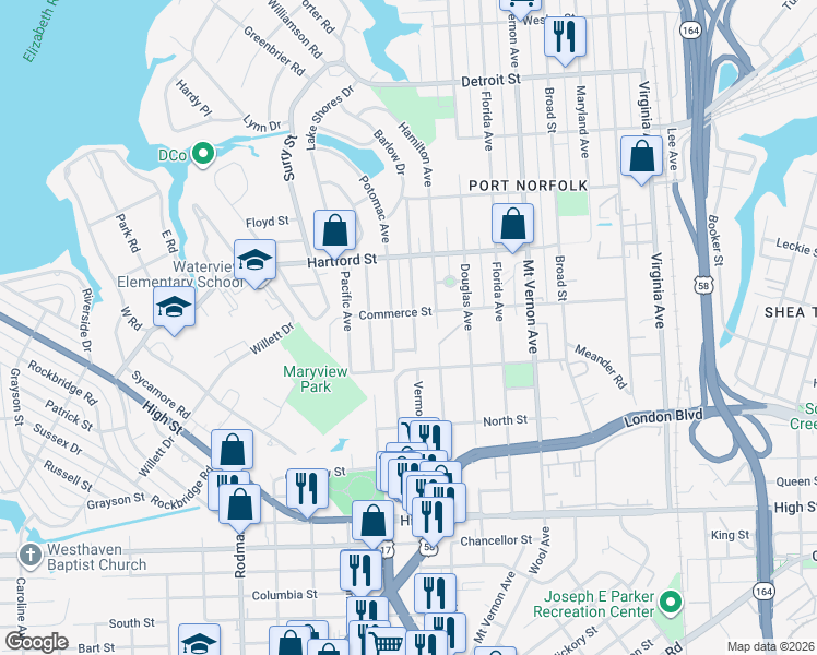 map of restaurants, bars, coffee shops, grocery stores, and more near 812 Vermont Avenue in Portsmouth