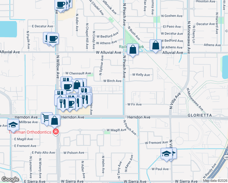 map of restaurants, bars, coffee shops, grocery stores, and more near 530 North Bush Avenue in Clovis