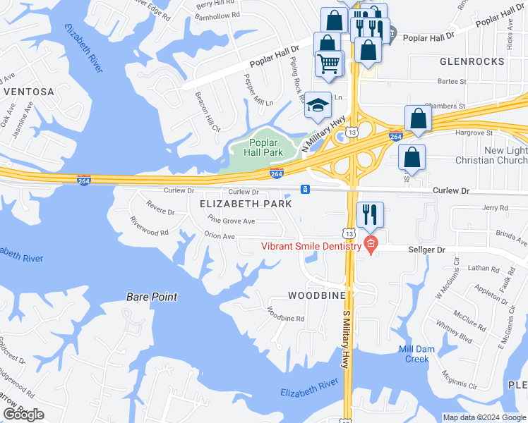 map of restaurants, bars, coffee shops, grocery stores, and more near 5459 Welaka Road in Norfolk