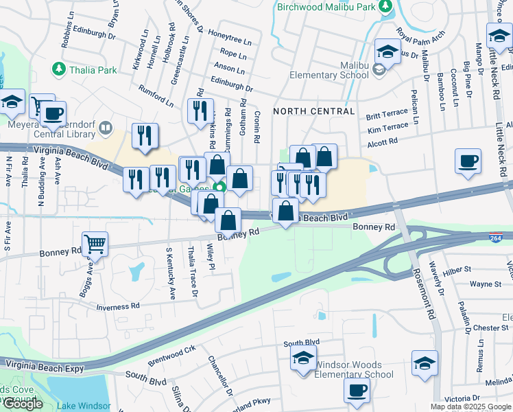 map of restaurants, bars, coffee shops, grocery stores, and more near 3808 Virginia Beach Boulevard in Virginia Beach