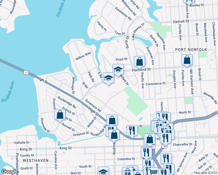 map of restaurants, bars, coffee shops, grocery stores, and more near 401 West Road in Portsmouth