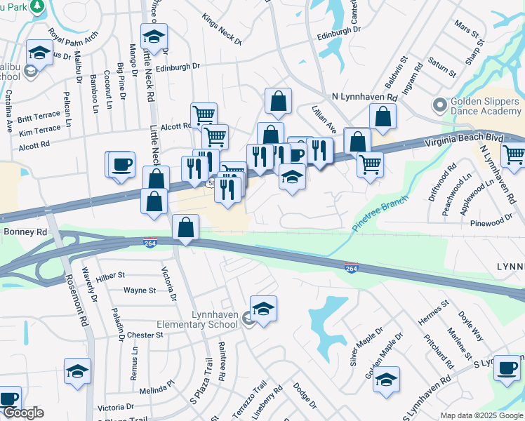 map of restaurants, bars, coffee shops, grocery stores, and more near 3237 Rosegate Court in Virginia Beach