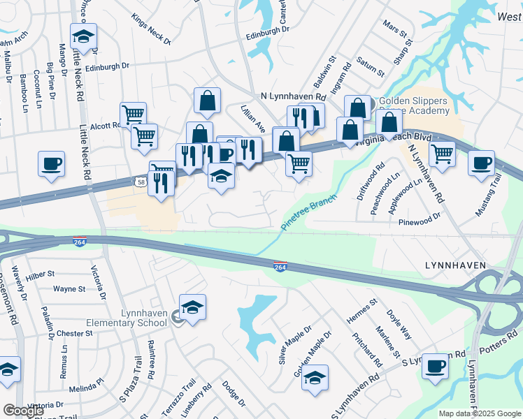 map of restaurants, bars, coffee shops, grocery stores, and more near 3301 Eamon Court in Virginia Beach