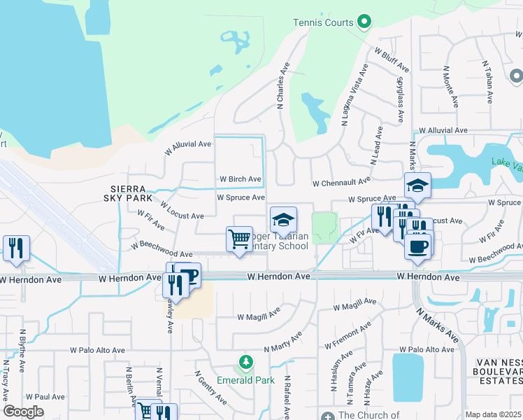 map of restaurants, bars, coffee shops, grocery stores, and more near 3548 West Locust Avenue in Fresno