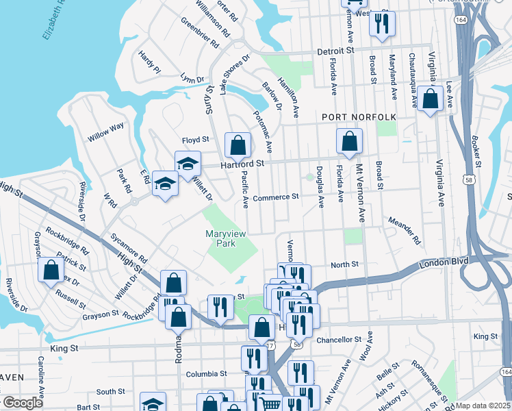 map of restaurants, bars, coffee shops, grocery stores, and more near 804 Cambridge Avenue in Portsmouth