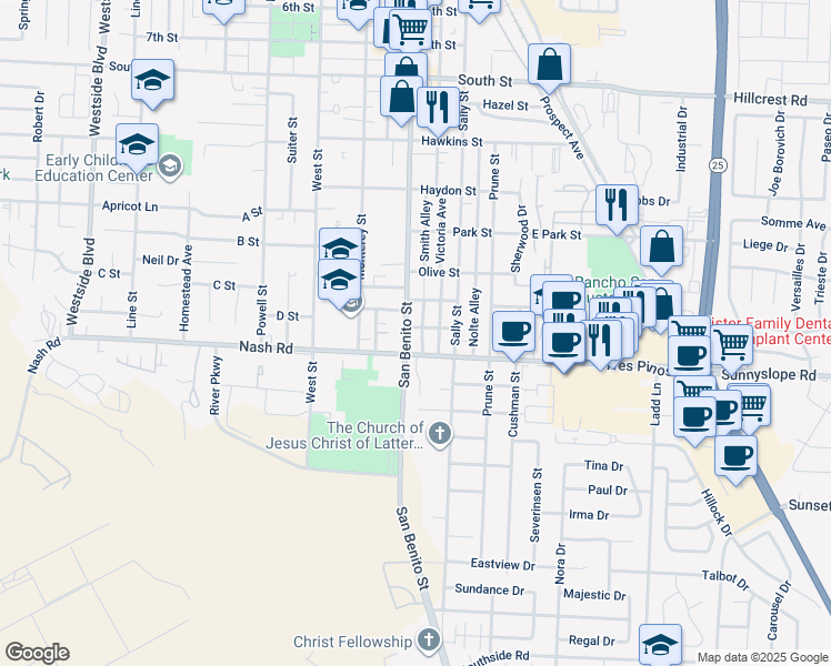map of restaurants, bars, coffee shops, grocery stores, and more near 1401 San Benito Street in Hollister