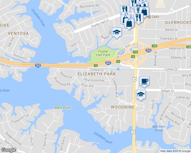 map of restaurants, bars, coffee shops, grocery stores, and more near 5429 Welaka Road in Norfolk