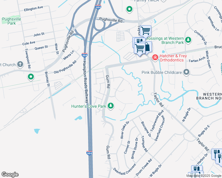 map of restaurants, bars, coffee shops, grocery stores, and more near 4609 Beretta Court in Chesapeake