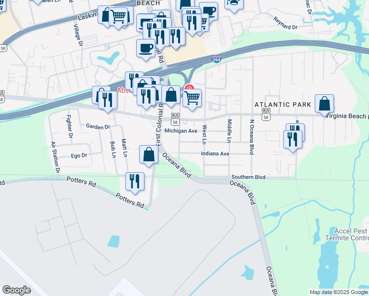map of restaurants, bars, coffee shops, grocery stores, and more near 1624 Indiana Avenue in Virginia Beach