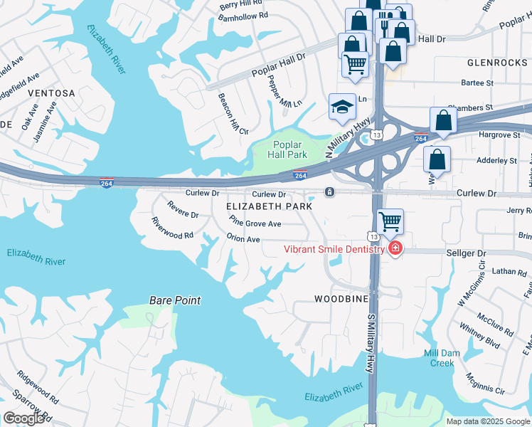 map of restaurants, bars, coffee shops, grocery stores, and more near 5429 Welaka Road in Norfolk
