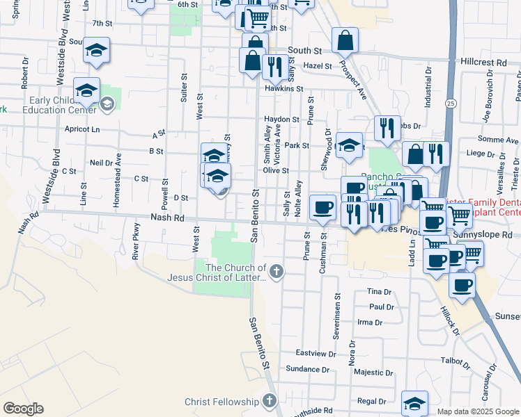 map of restaurants, bars, coffee shops, grocery stores, and more near 1401 San Benito Street in Hollister