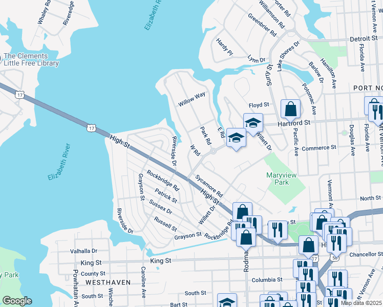 map of restaurants, bars, coffee shops, grocery stores, and more near 301 Sycamore Road in Portsmouth