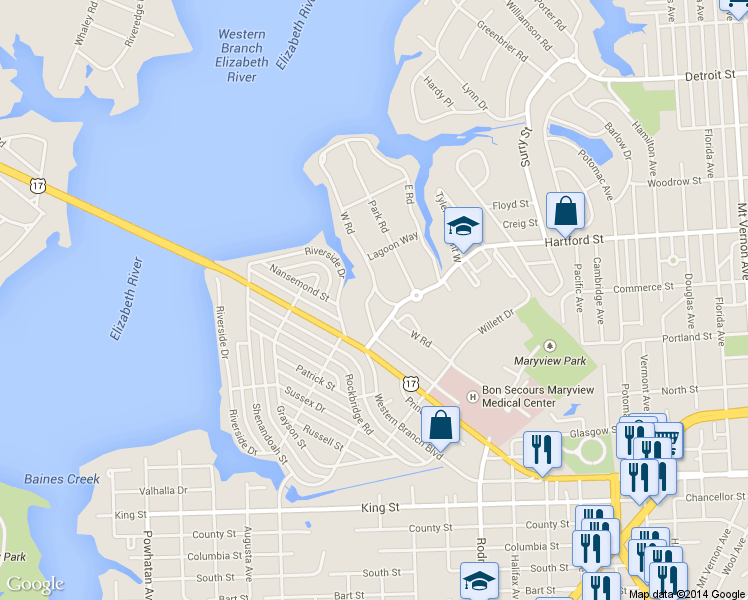 map of restaurants, bars, coffee shops, grocery stores, and more near 301 Sycamore Road in Portsmouth