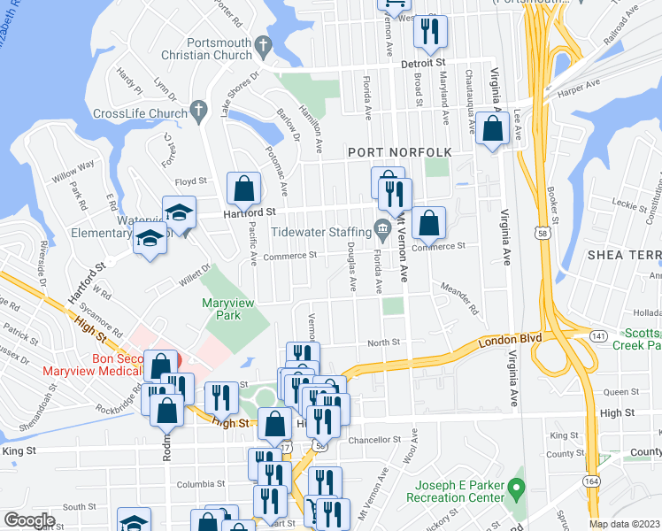map of restaurants, bars, coffee shops, grocery stores, and more near 807 Hamilton Avenue in Portsmouth