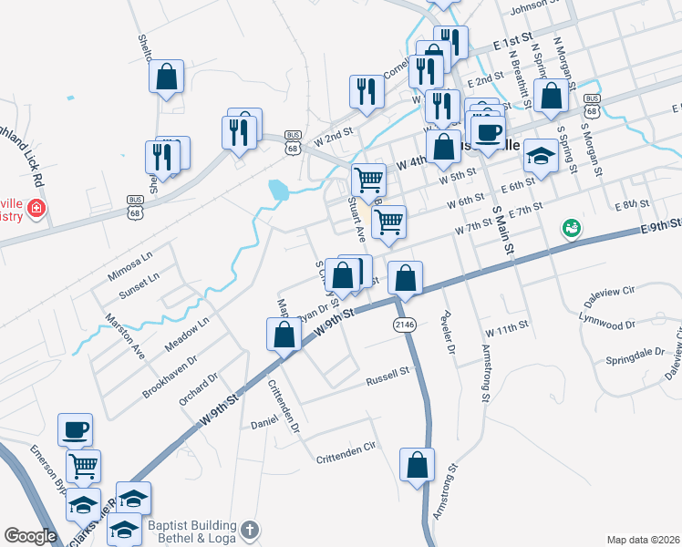 map of restaurants, bars, coffee shops, grocery stores, and more near 660 West 8th Street in Russellville
