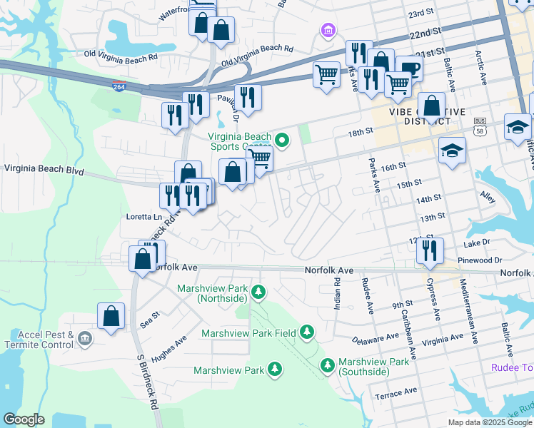 map of restaurants, bars, coffee shops, grocery stores, and more near 1008 Coastaway Drive in Virginia Beach