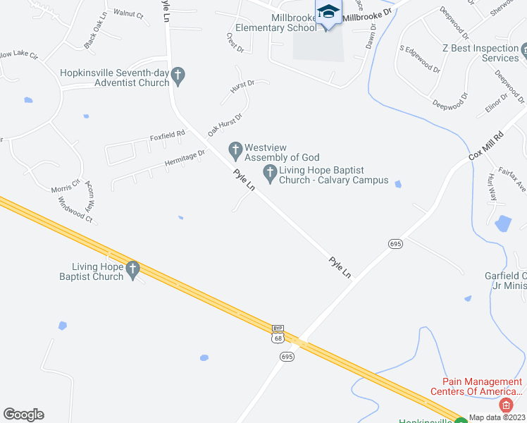 map of restaurants, bars, coffee shops, grocery stores, and more near 233 Pyle Lane in Hopkinsville