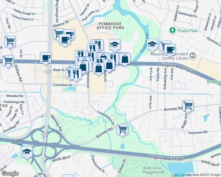 map of restaurants, bars, coffee shops, grocery stores, and more near 4250 Beasley Court in Virginia Beach