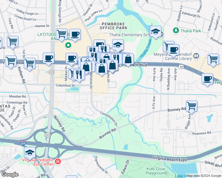 map of restaurants, bars, coffee shops, grocery stores, and more near 4224 Beasley Court in Virginia Beach