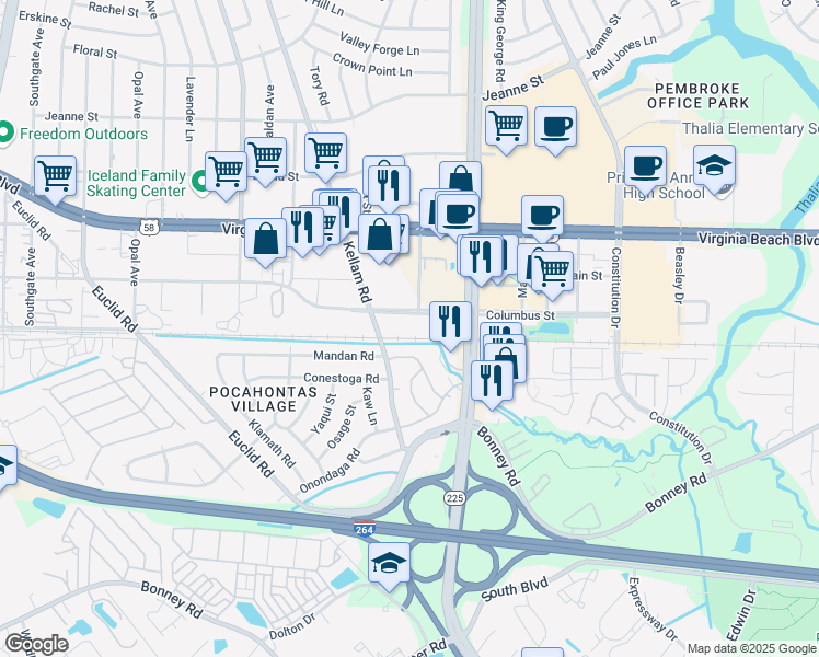 map of restaurants, bars, coffee shops, grocery stores, and more near 100 Kellam Road in Virginia Beach