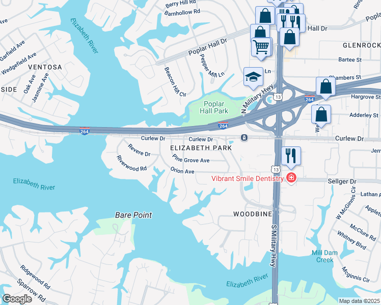 map of restaurants, bars, coffee shops, grocery stores, and more near 5411 Welaka Road in Norfolk