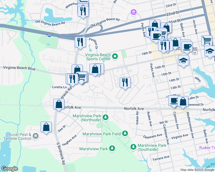 map of restaurants, bars, coffee shops, grocery stores, and more near 1013 Coastaway Drive in Virginia Beach