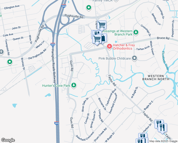 map of restaurants, bars, coffee shops, grocery stores, and more near 4604 Drum Point Lane in Chesapeake