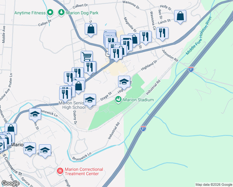 map of restaurants, bars, coffee shops, grocery stores, and more near 1002 North Main Street in Marion