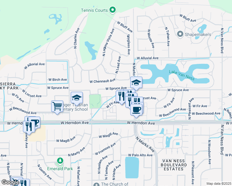 map of restaurants, bars, coffee shops, grocery stores, and more near 7155 North Lead Avenue in Fresno