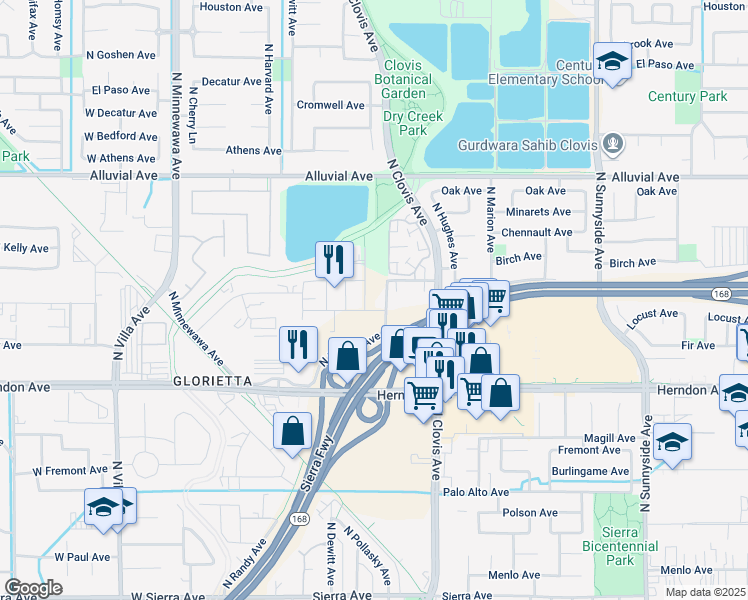 map of restaurants, bars, coffee shops, grocery stores, and more near 640 Park Creek in Clovis