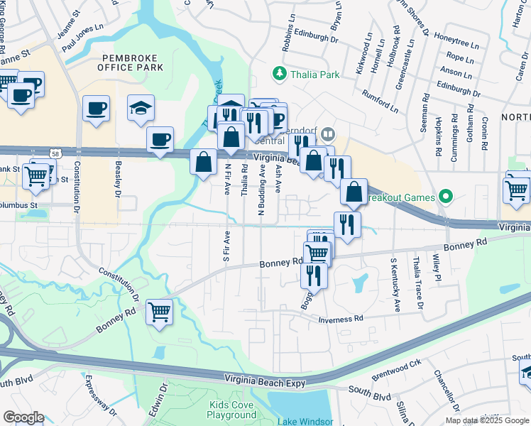 map of restaurants, bars, coffee shops, grocery stores, and more near 108 North Budding Avenue in Virginia Beach