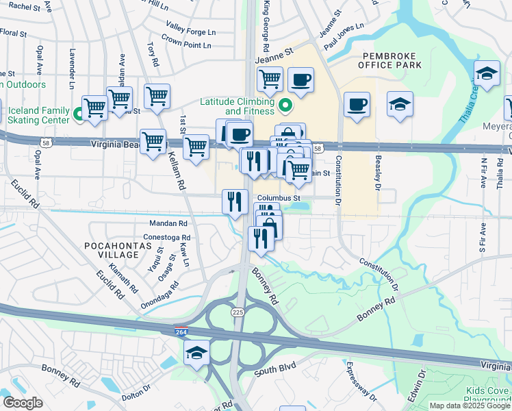 map of restaurants, bars, coffee shops, grocery stores, and more near 115 Independence Boulevard in Virginia Beach