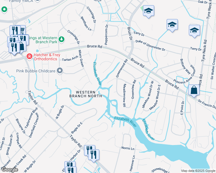 map of restaurants, bars, coffee shops, grocery stores, and more near 4319 Greenleaf Drive in Chesapeake