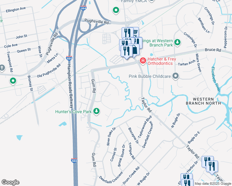 map of restaurants, bars, coffee shops, grocery stores, and more near 4604 Drum Point Lane in Chesapeake