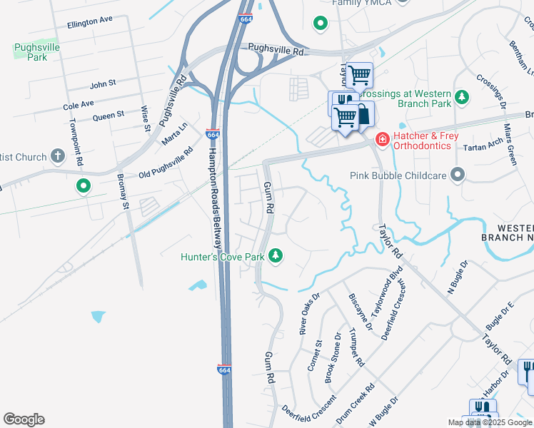 map of restaurants, bars, coffee shops, grocery stores, and more near 3003 Big Bend Drive in Chesapeake