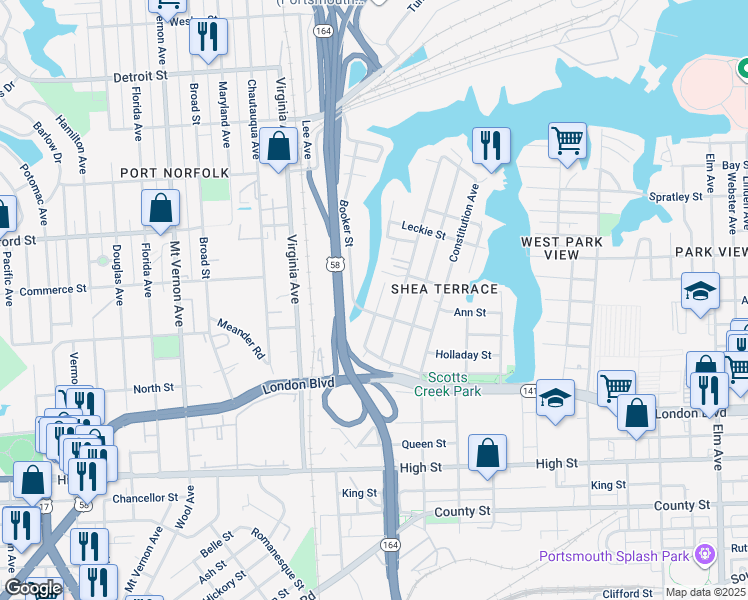 map of restaurants, bars, coffee shops, grocery stores, and more near 242 Plover Drive in Portsmouth