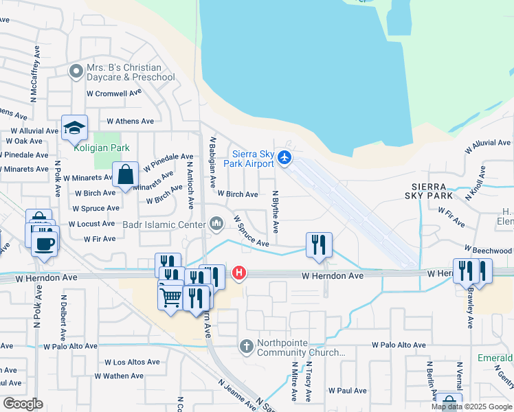 map of restaurants, bars, coffee shops, grocery stores, and more near 4650 West Chennault Avenue in Fresno