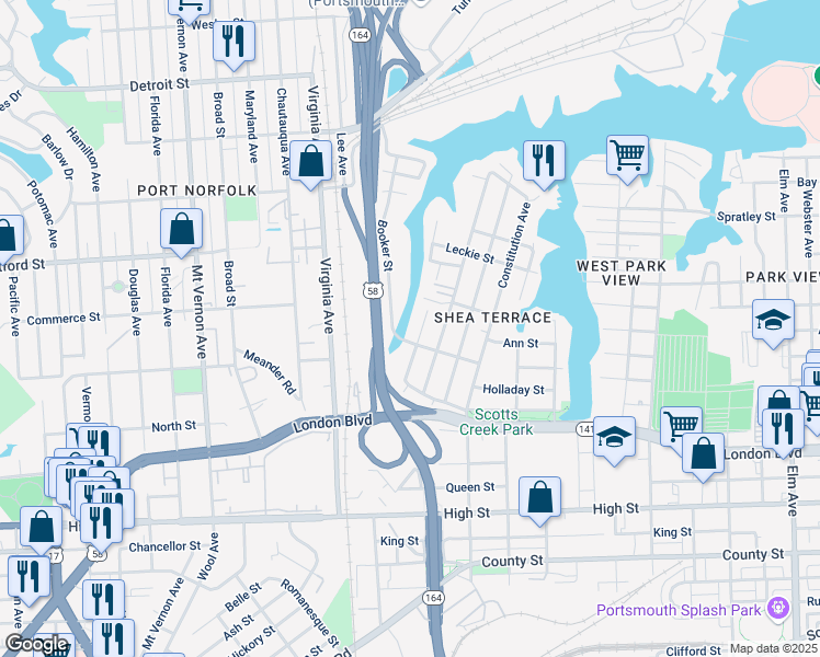 map of restaurants, bars, coffee shops, grocery stores, and more near 242 Plover Drive in Portsmouth