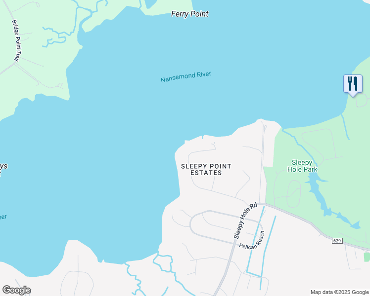 map of restaurants, bars, coffee shops, grocery stores, and more near 132 Sleepy Point Way in Suffolk
