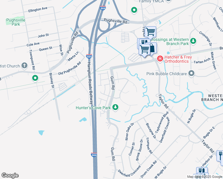 map of restaurants, bars, coffee shops, grocery stores, and more near 3003 Big Bend Drive in Chesapeake