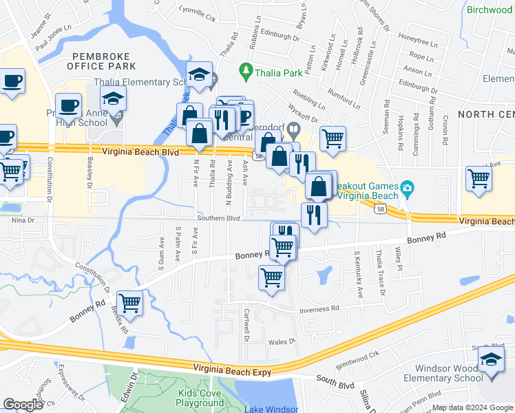map of restaurants, bars, coffee shops, grocery stores, and more near 4245 Thalia Station Circle in Virginia Beach