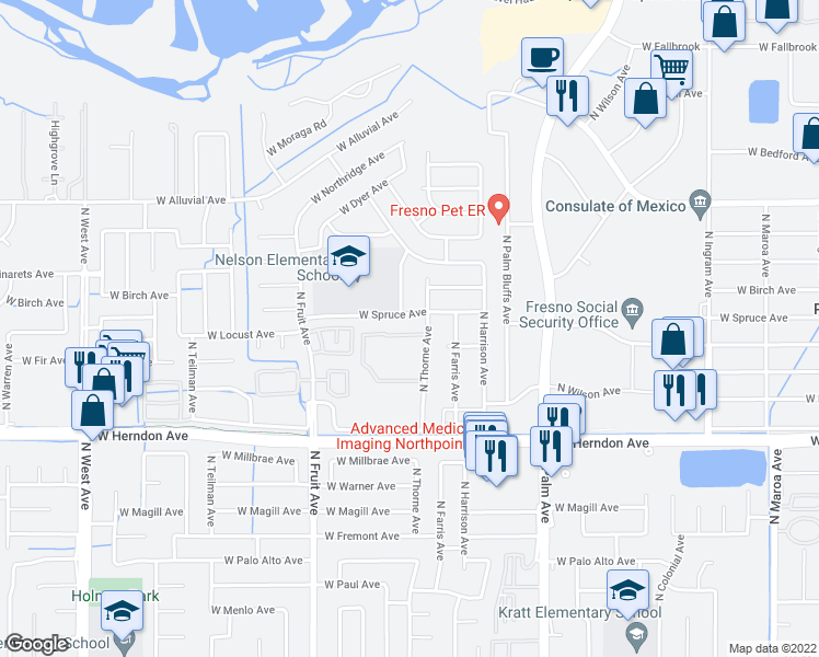 map of restaurants, bars, coffee shops, grocery stores, and more near 1225 West Spruce Avenue in Fresno