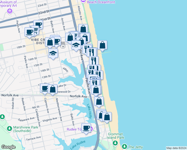 map of restaurants, bars, coffee shops, grocery stores, and more near 113 12th Street in Virginia Beach