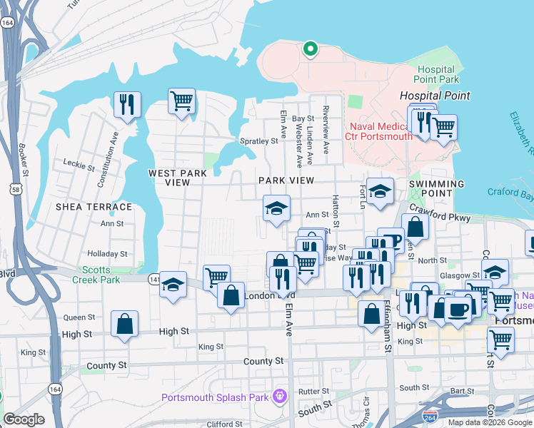 map of restaurants, bars, coffee shops, grocery stores, and more near 260 Elm Avenue in Portsmouth