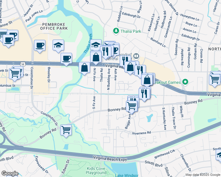 map of restaurants, bars, coffee shops, grocery stores, and more near 108 North Budding Avenue in Virginia Beach