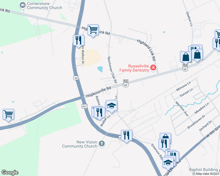 map of restaurants, bars, coffee shops, grocery stores, and more near 831 Hopkinsville Road in Russellville
