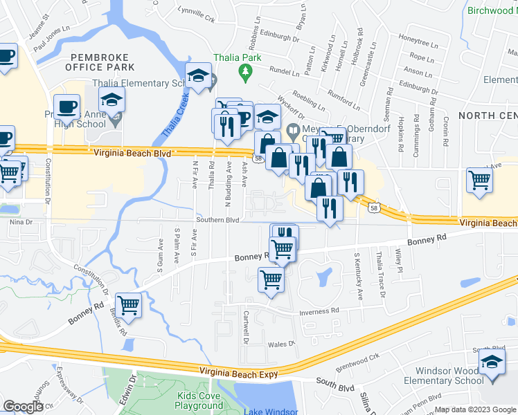 map of restaurants, bars, coffee shops, grocery stores, and more near 4243 Thalia Station Circle in Virginia Beach