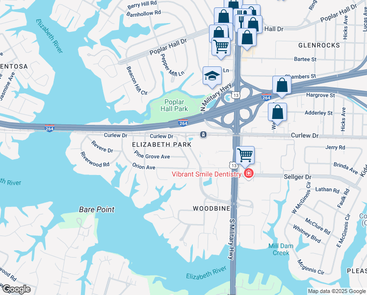 map of restaurants, bars, coffee shops, grocery stores, and more near 122 Kimberly Lane in Norfolk